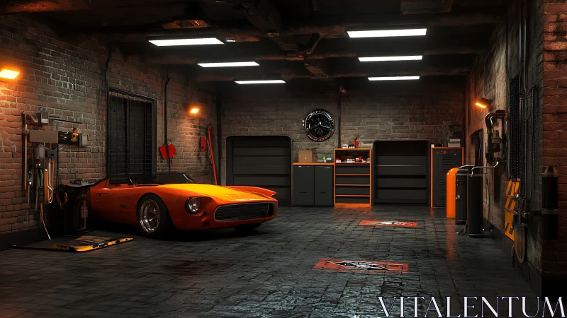 Orange sports car in moody industrial brick workshop.