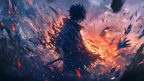 Sword-wielding figure amid fiery and dark swirling debris.
