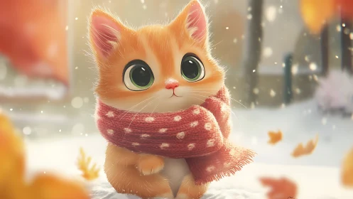 Orange Cat in Red Scarf Amid Snowy Winter Scene.