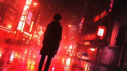Lone silhouette wandering neon rain-soaked city streets.