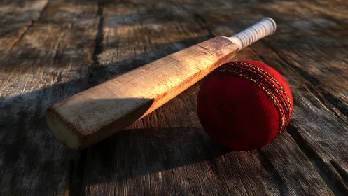 Sunlit cricket bat and red ball on weathered wood stage.