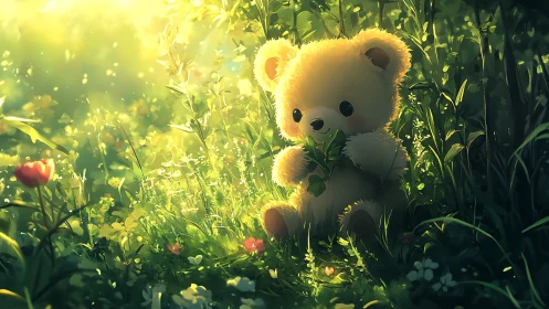 Plush teddy bear in dense sunlit meadow with foliage.