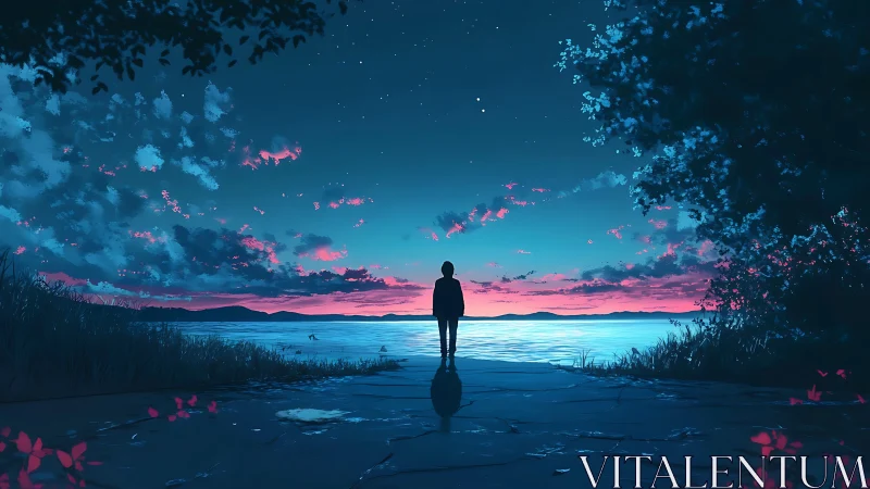 Silhouette watching calm lake under twilight sky.