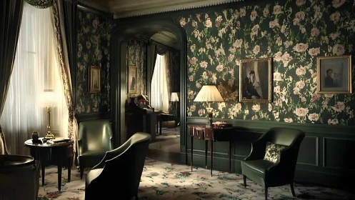 Floral wallpaper salon with classic green armchairs and lamps.