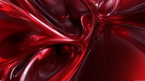 Glossy Red Abstract Swirl Digital Art With Fluid Reflections.