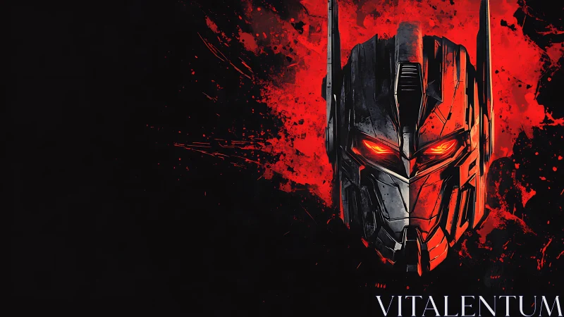 Metallic robotic mask on red splatter background.