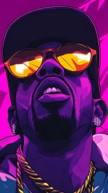 Neon gradient portrait with reflective chromatic sunglasses.
