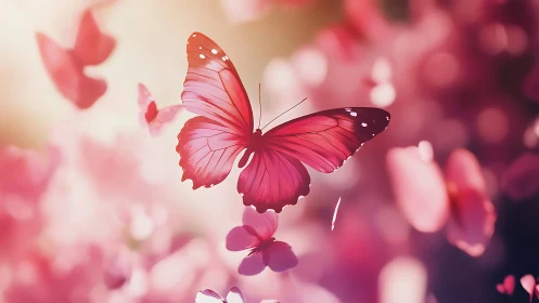 Pink butterfly closeup over dreamy floral bokeh field.