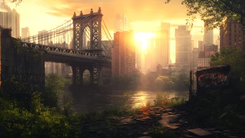 Overgrown riverside city bridge at warm sunset light.