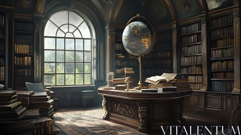 Sunlit old-world library with globe and quiet stories.