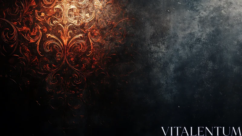 Burnished baroque ornament glows against dark textured void