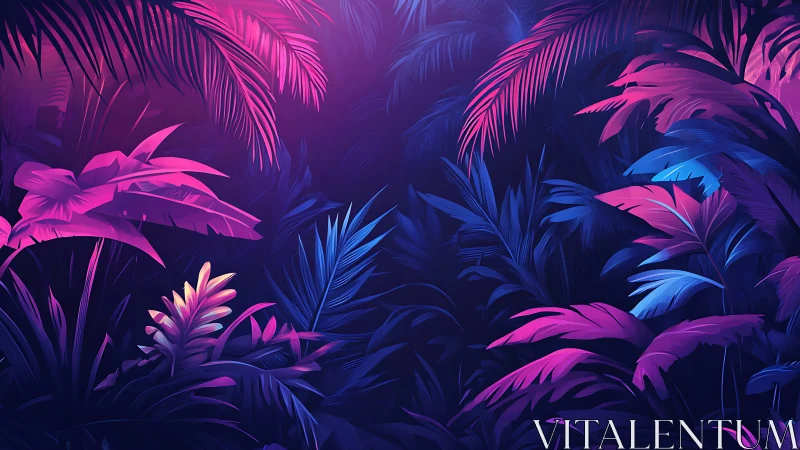 Neon jungle dreams under a soft twilight glow.