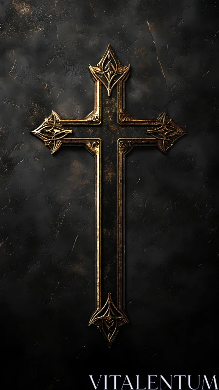 Ornate metallic cross on dark textured surface background.