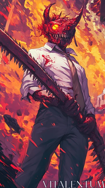 Demonic chainsaw warrior dominates blazing inferno skyline.
