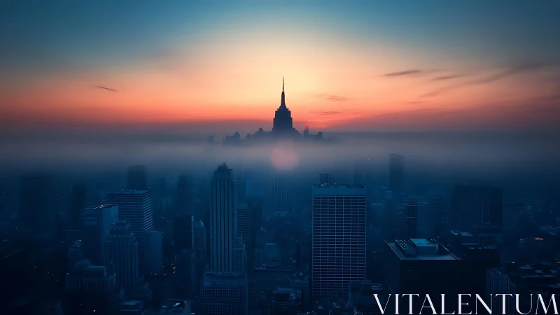 Fog covered city skyline under blue and orange sunrise.