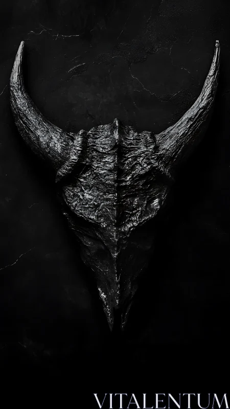 Dark horned skull sculpture rests against cracked black wall