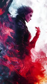 Side profile warrior in armor with abstract red smoke forms.