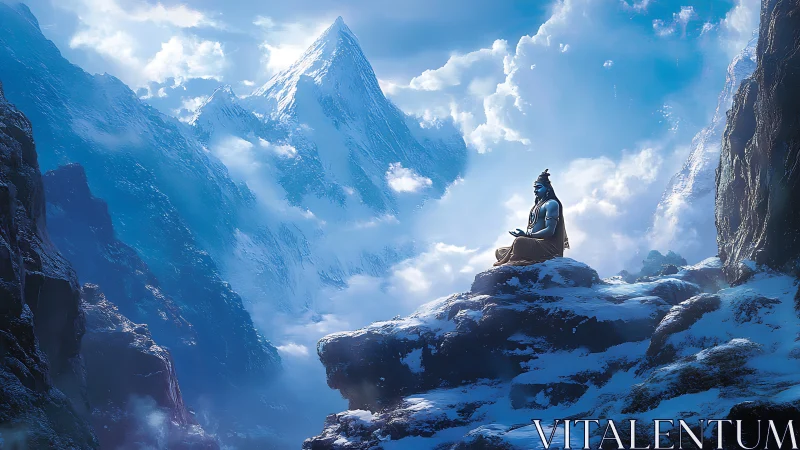 Meditating ascetic on snowy Himalayan cliff under ethereal light
