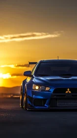 Blue performance car parked on open road at sunset.