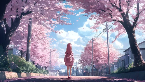 Schoolgirl drifting under cherry blossom skies of spring.
