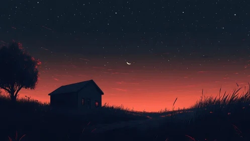 Rural cabin silhouette under crescent moon and ember dusk sky.