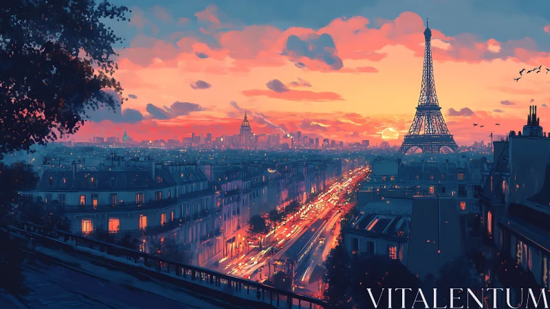 Sunset traffic stitches glowing threads through painted Paris