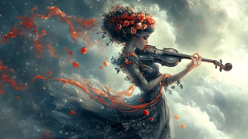 Atmospheric digital violinist with floral vortex dynamics.