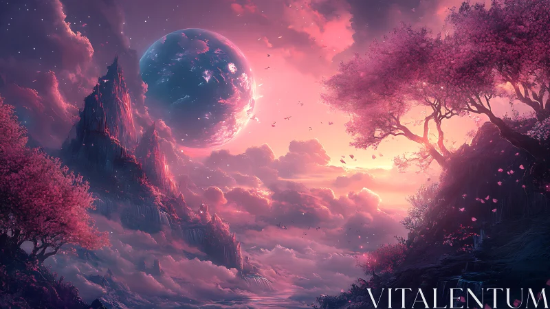 Vast pink alien landscape frames glowing planet over clouds