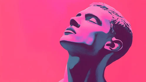 Neon-lit male profile rendered in bold duotone gradients.