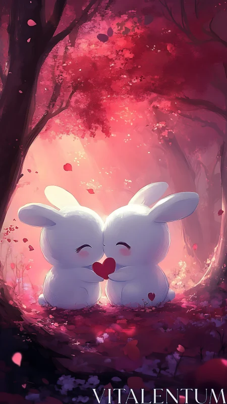 White cartoon rabbits holding heart in pink forest scene.