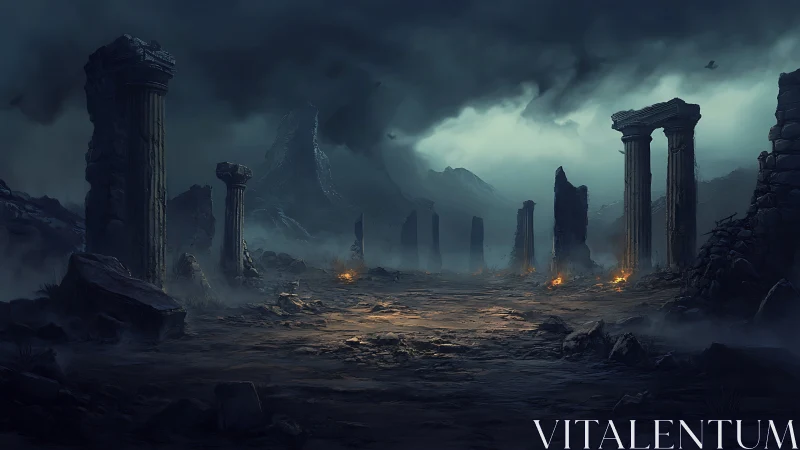 Stormlit Ruined Columns in a Quiet Forgotten Valley.