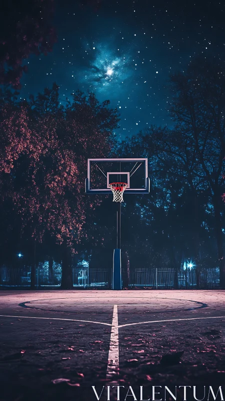 Lonely night basketball hoop glows under a starry sky