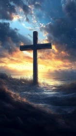 Wooden cross at shoreline under dramatic sunset sky.