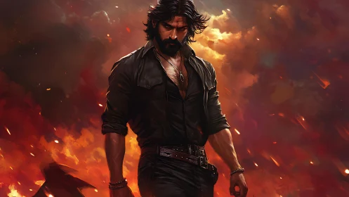 Brooding warrior strides through blazing inferno sky.