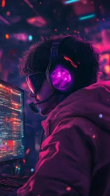 Neon-lit cybernetic gamer at code-dense workstation interface.
