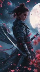 Moonlit blossom ronin poised between stormlight and steel.
