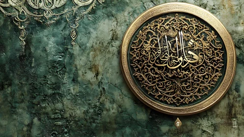 Ornate Islamic Calligraphy Medallion on Textured Green Background.