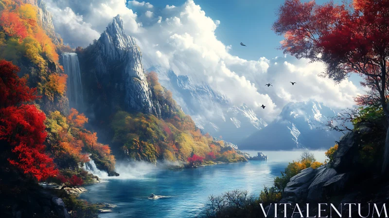 Majestic autumn mountains frame a tranquil blue lake scene.