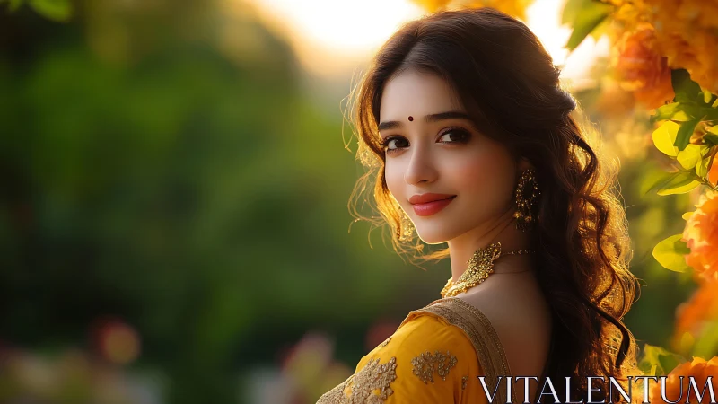 Sunlit portrait of a woman in golden traditional attire