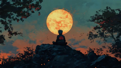 Solitary anime figure meditating beneath an immense moon.