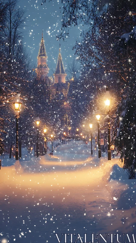 Snowlit castle avenue wrapped in lantern glow and hush.