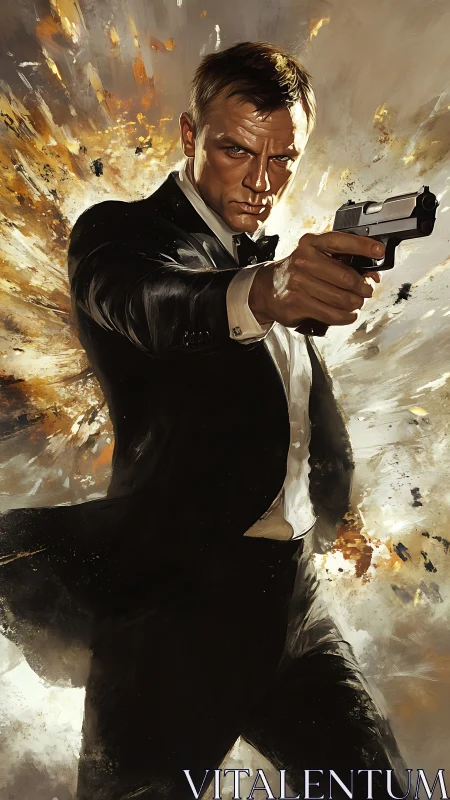 Sharpsuited agent strides from firestorm with steel calm.