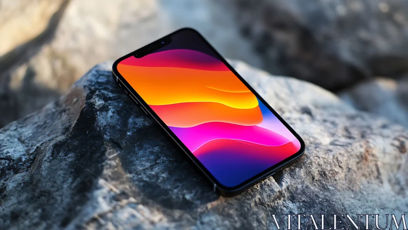 Smartphone with Vibrant Gradient Display Rendering Layered Color Waves