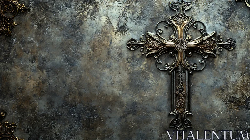 Vintage metal cross rests on a weathered stone wall