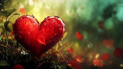 Red Heart Shaped Gem in Garden Setting.