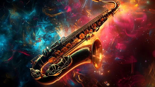 Luminous golden saxophone adrift in vivid cosmic nebulae.