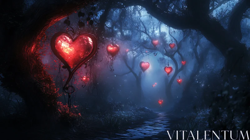 Luminescent Heart Forms in Misty Forest Atmosphere with Volumetric Lighting