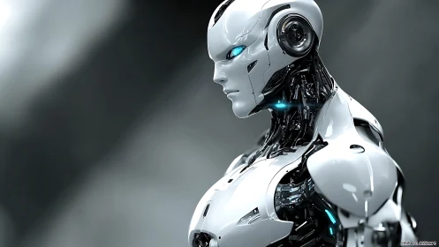 Chrome sentinel studies silence, lit by electric cyan veins