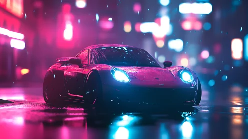Sports coupe on wet neon city street at night in rain.