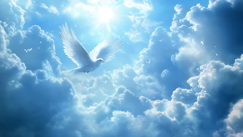 Radiant white dove ascends through glowing sunlit clouds.